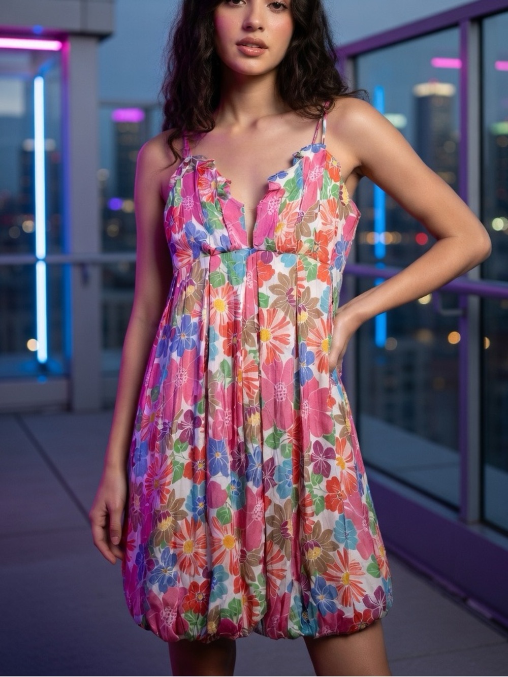 NWT Storia Floral Bubble Hem Mini Dress | Size Small